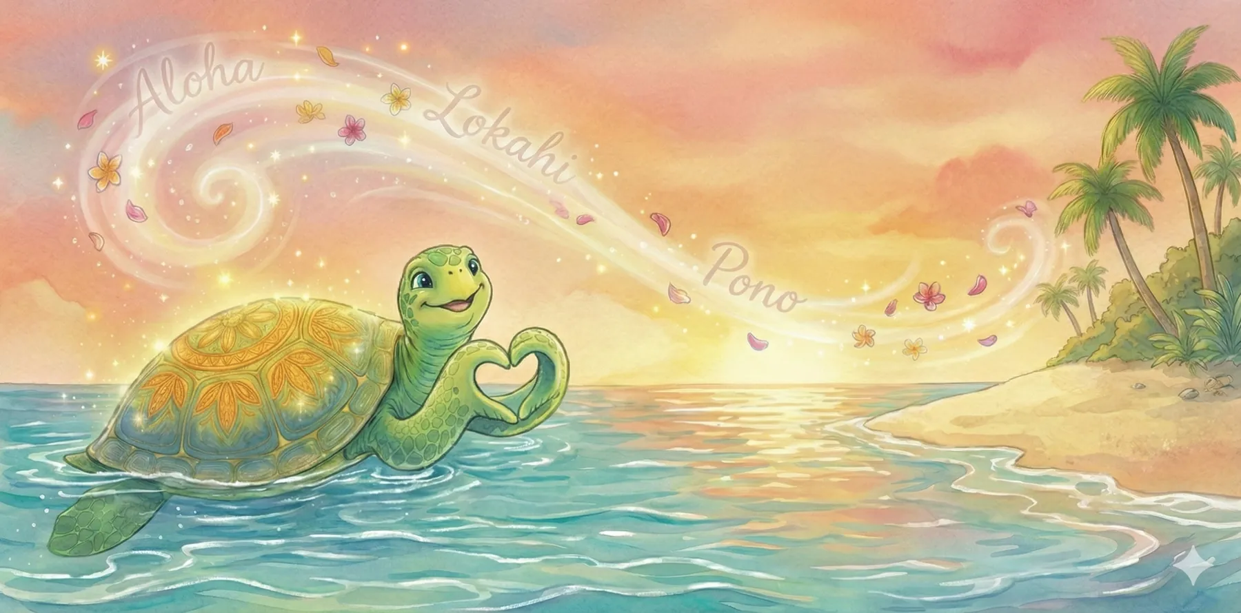 Die Honu formt mit ihren Flossen ein Herz, darüber schweben die Worte Aloha, Lokahi und Pono