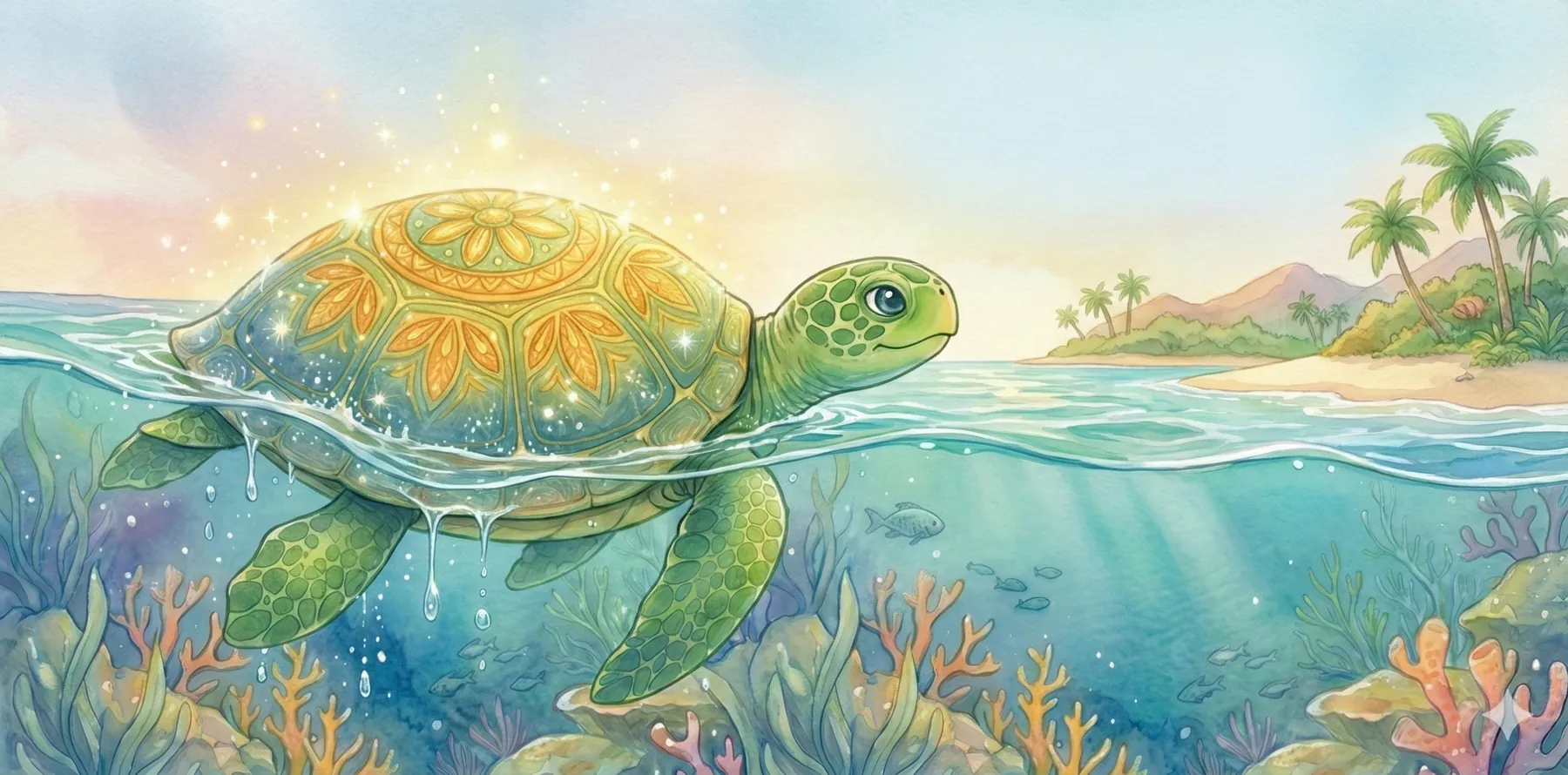 Die Honu taucht auf, ihr Panzer leuchtet golden mit dem Zeichen von Maluhia