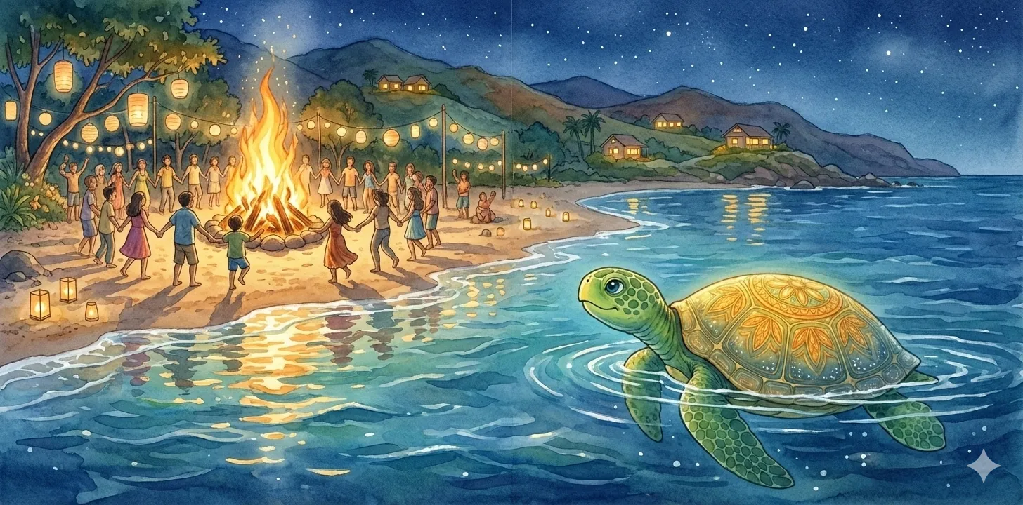 Menschen tanzen nachts um ein Feuer am Strand, Laternen leuchten, im Wasser schwimmt die Honu