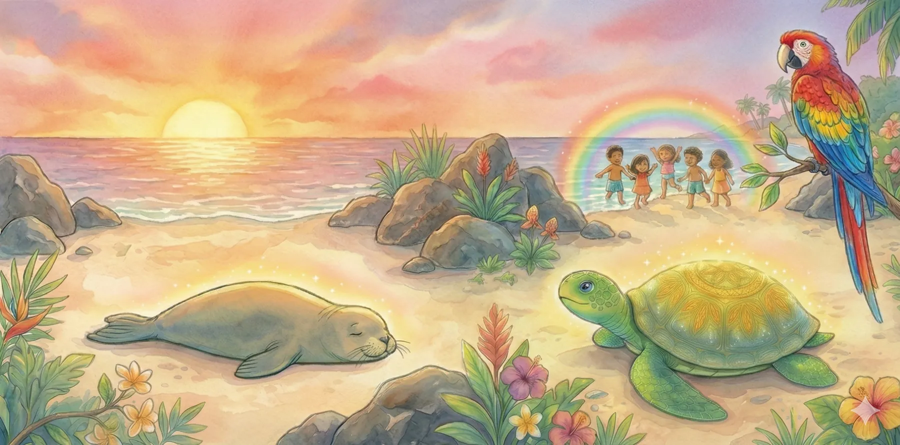 Kinder tanzen unter einem Regenbogen am Strand, davor die Honu und eine Robbe