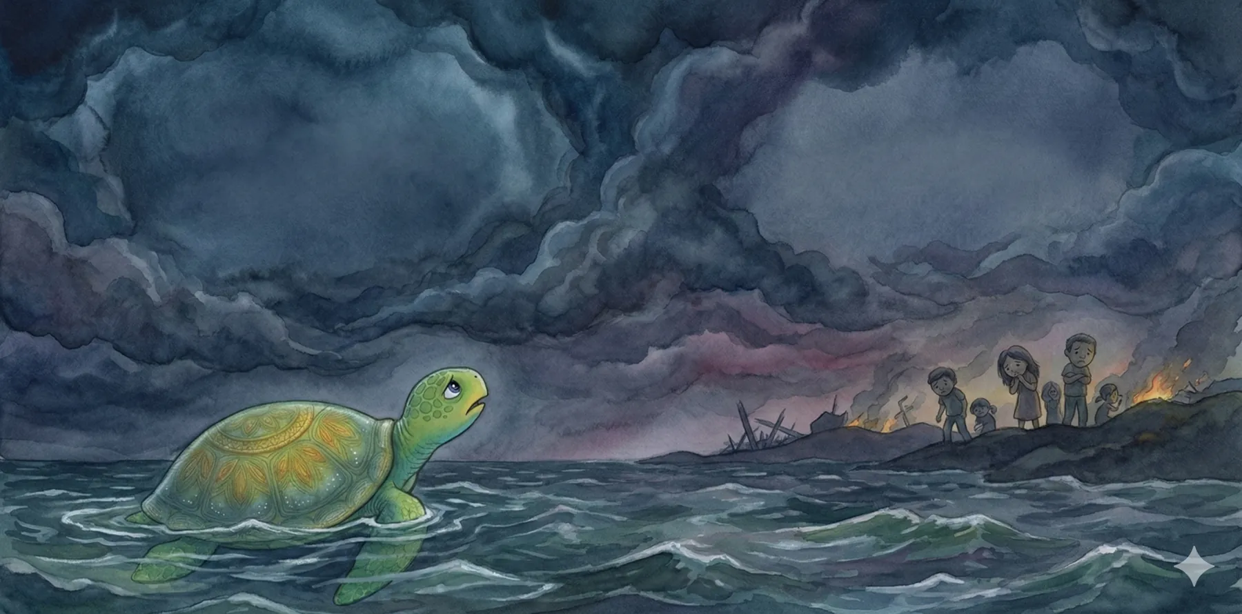 Die Honu vor einer dunklen Küste unter schweren Sturmwolken