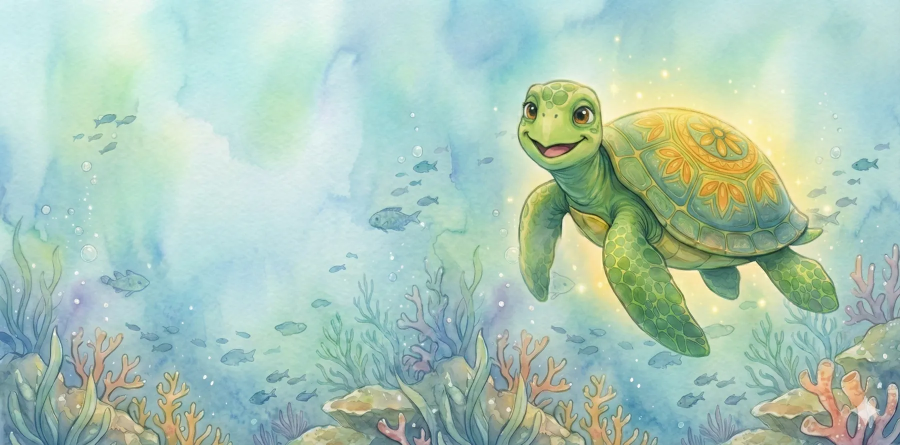 Die Honu gleitet lächelnd durch ein leuchtendes Korallenriff