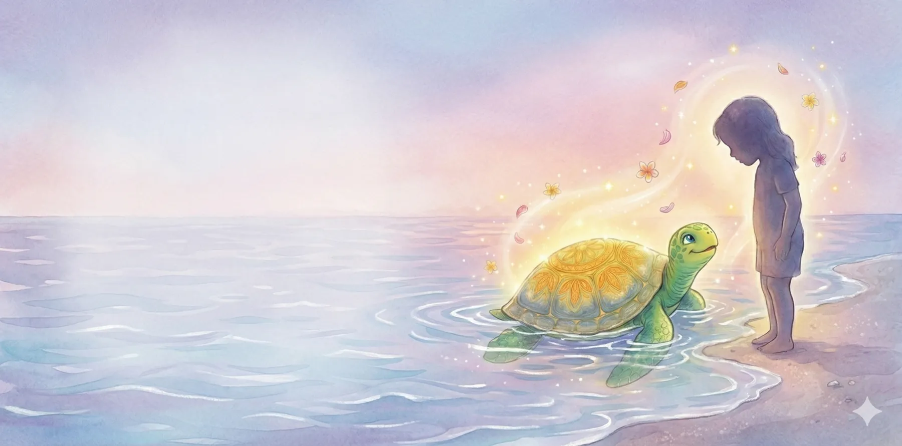 Ein Mädchen steht traurig am Ufer, die Honu schwimmt nah an sie heran, Licht umhüllt beide